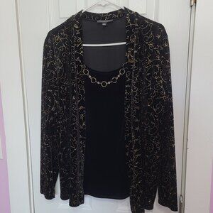 XL Women's Elementz 2 in 1 Black Velvety Jacket & Cami. Gold Glittery Swirl